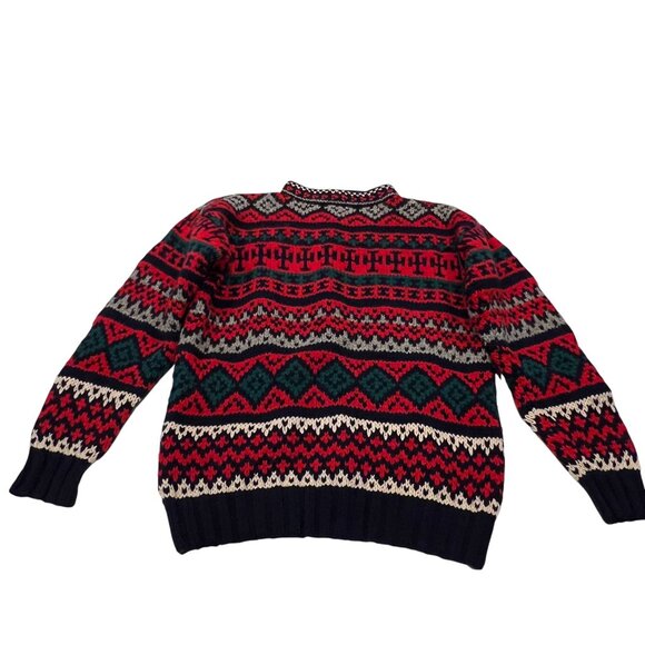 GAP 80s Wool Hand Knit Fair Isle Pattern Ski Sweater, Navy, Red, Green, M - Picture 7 of 7